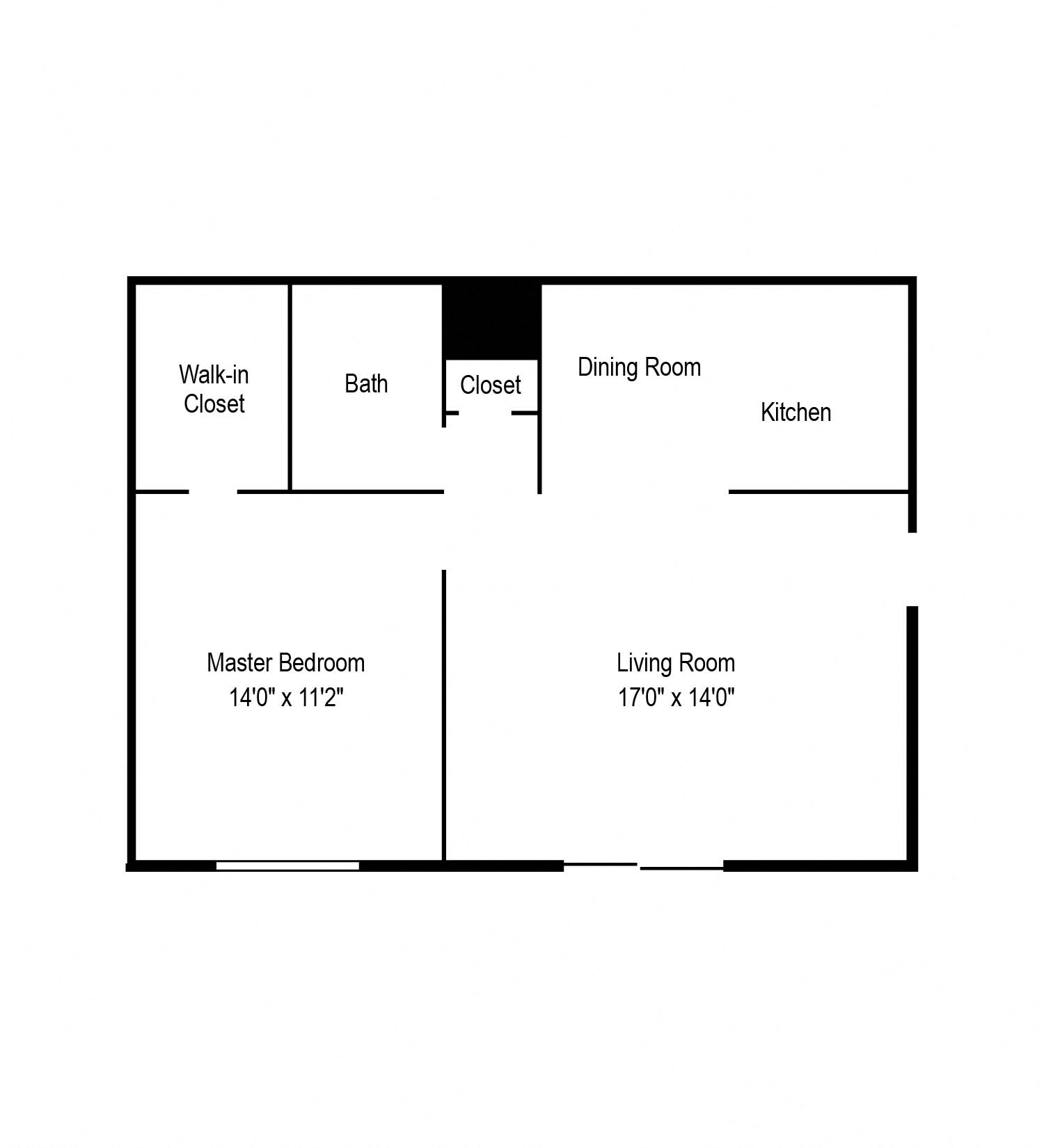 Floor plan for 1 bed, 1 bath, 650 sqft